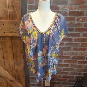 Postella 100% Silk Floral Blouse Size Small Boho Sheer Cottagecore Flow Top